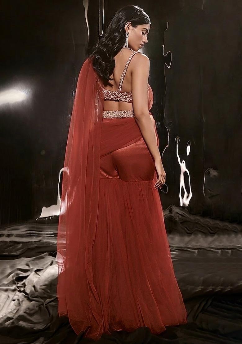 Deep Red Hand Work Sequin Satin Fusion Set - Indya