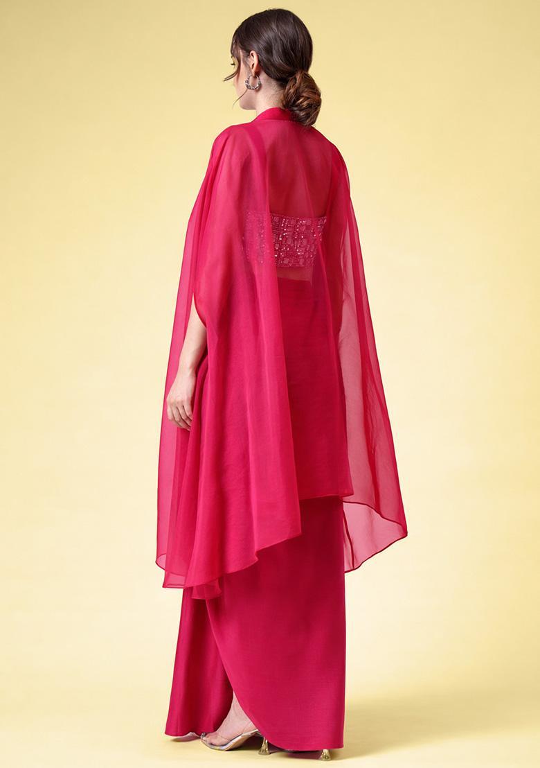 Rose Pink Hand Work Embellished Crepe Fusion Set - Indya