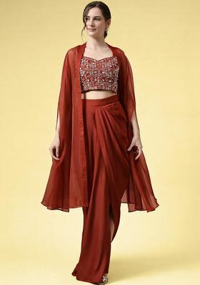 Brick Red Hand Work Embellished Crepe Fusion Set