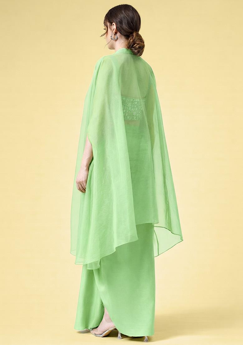 Light Green Hand Work Embellished Crepe Fusion Set - Indya