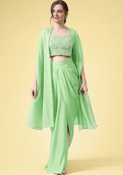 Light Green Hand Work Embellished Crepe Fusion Set