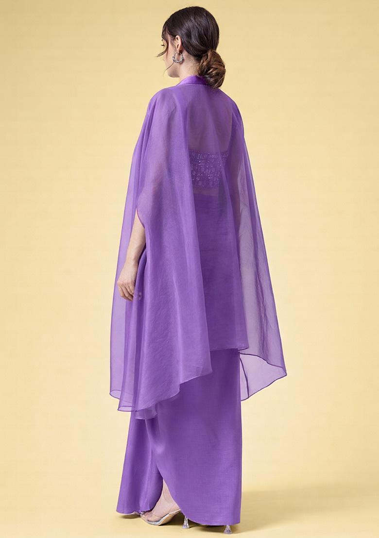 Lilac Hand Work Embellished Crepe Fusion Set - Indya