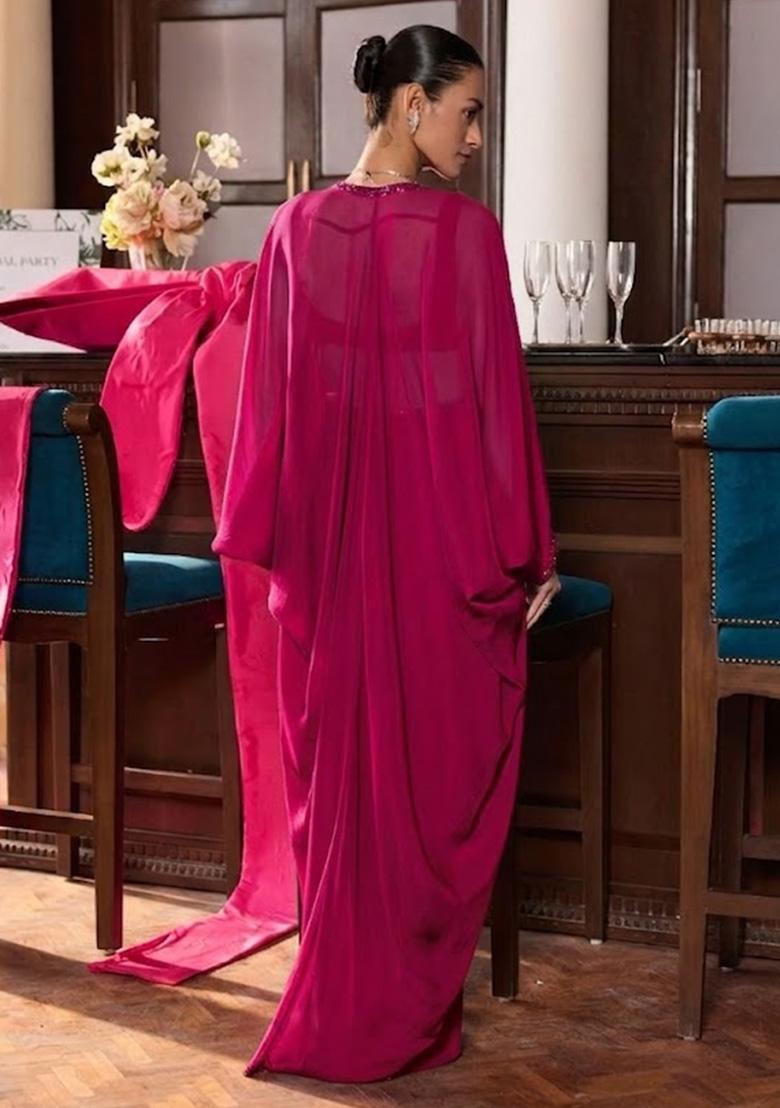 Hot Pink Hand Work Embellished Georgette Fusion Set - Indya