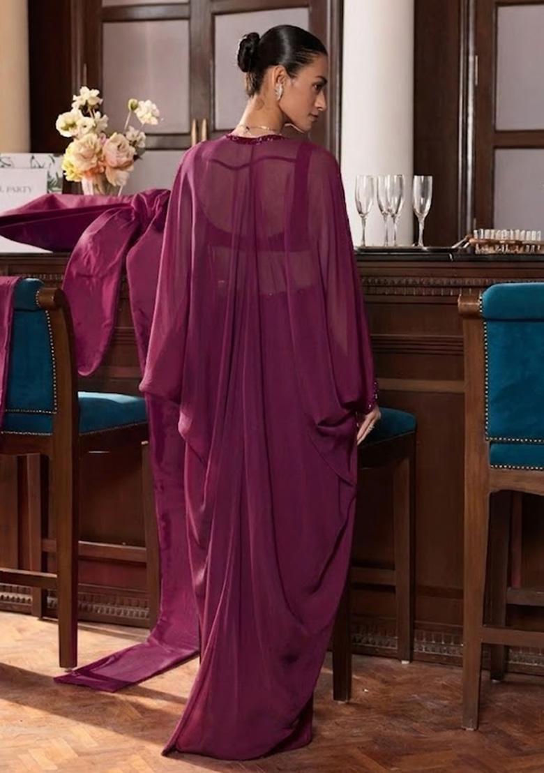 Mauve Hand Work Embellished Georgette Fusion Set - Indya