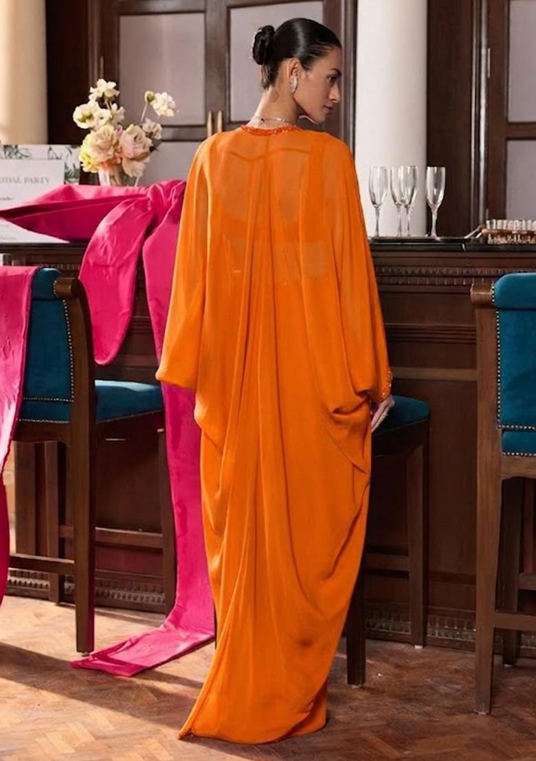 Soft Orange Hand Work Embellished Georgette Fusion Set - Indya