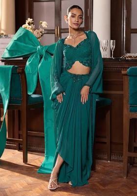 Teal Hand Work Embellished Georgette Fusion Set