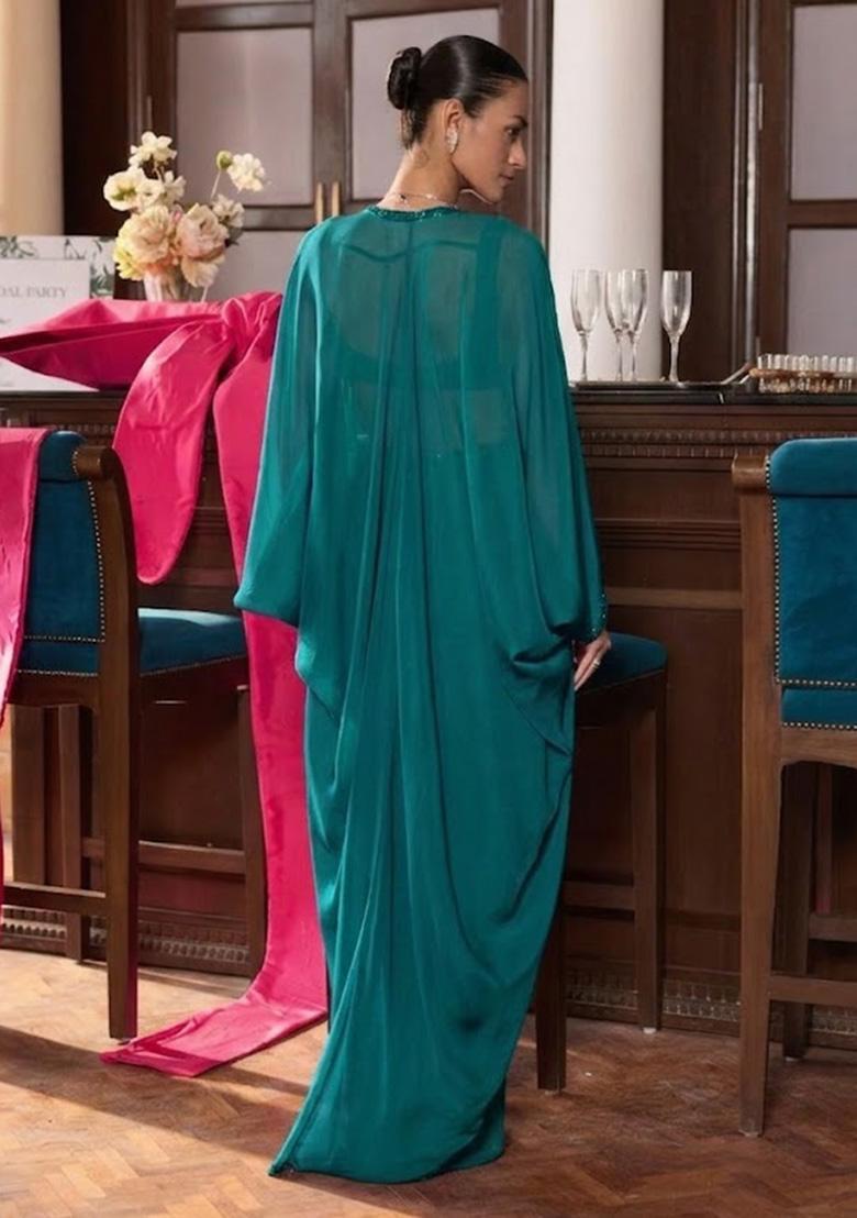 Teal Hand Work Embellished Georgette Fusion Set - Indya