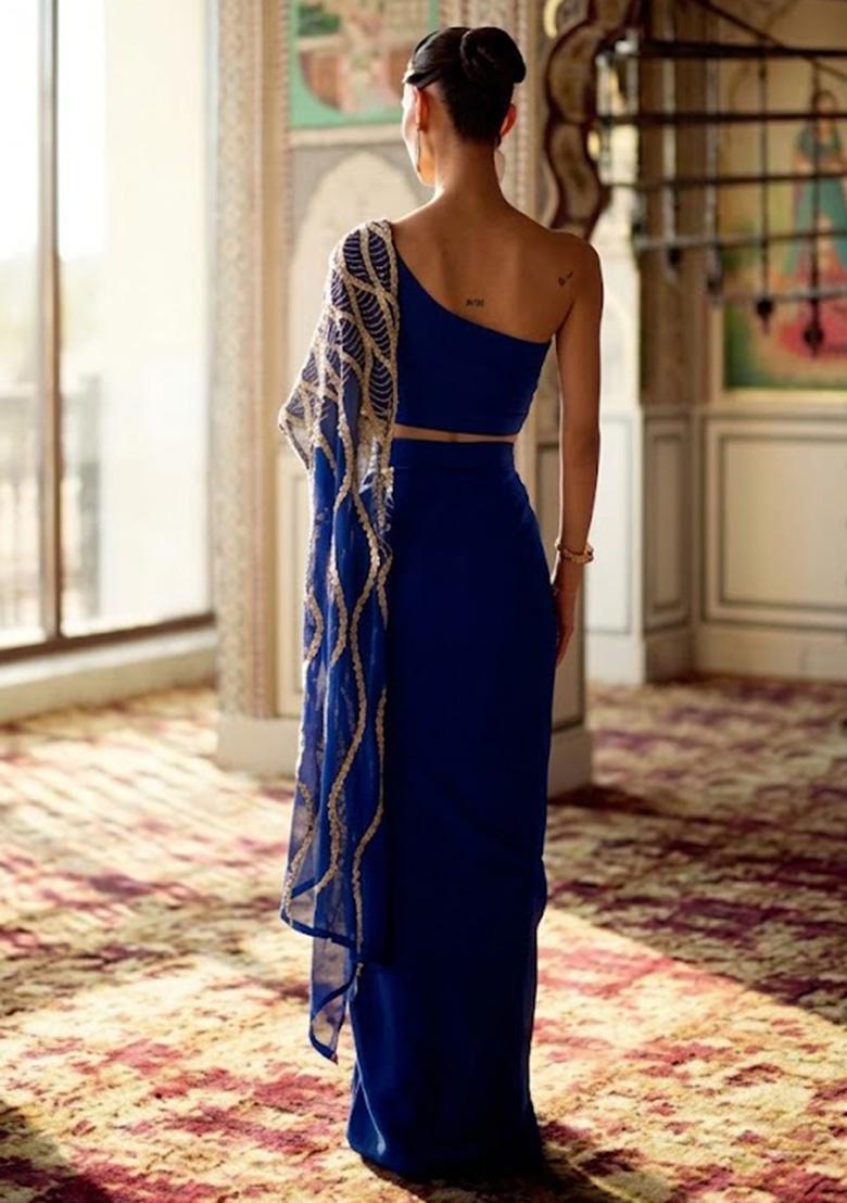 Deep Blue Hand Work Embroidered Crepe Fusion Set - Indya