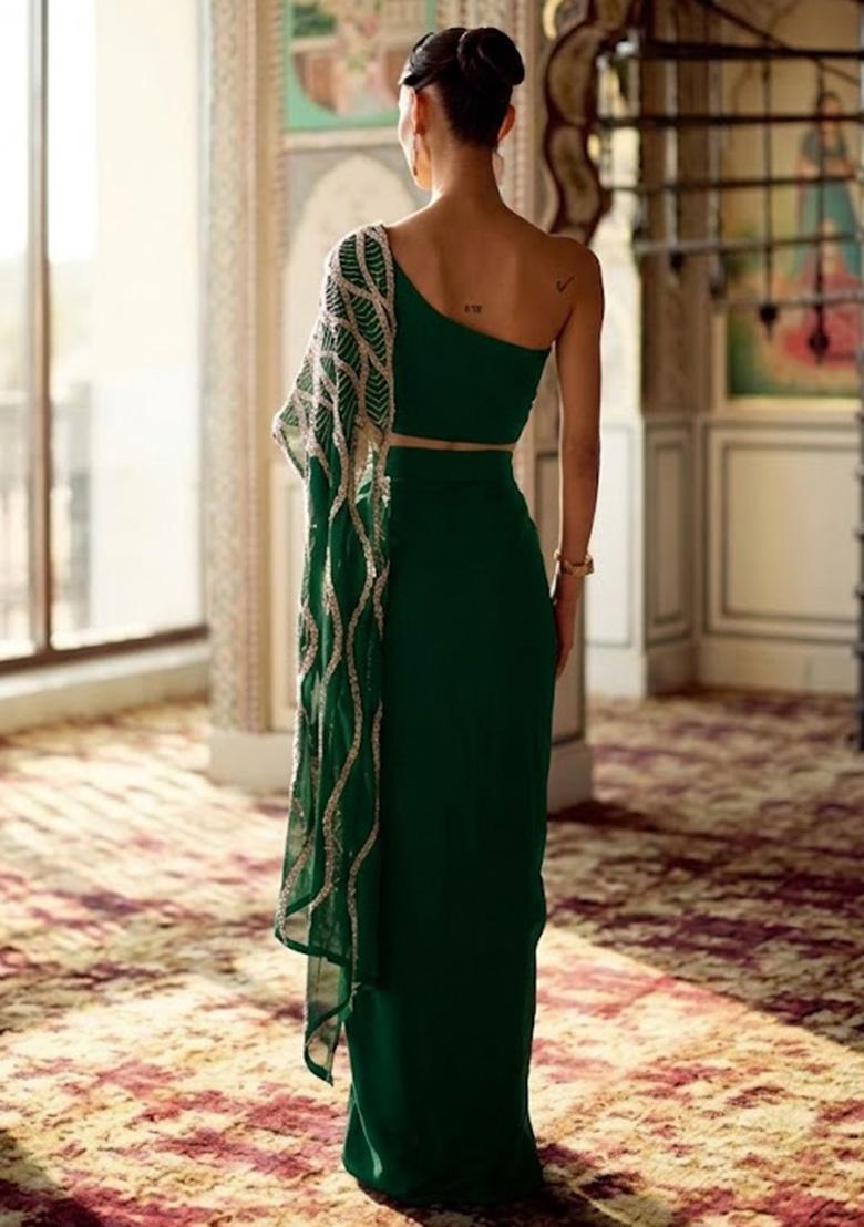 Light Green Hand Work Embroidered Chinon Fusion Set - Indya