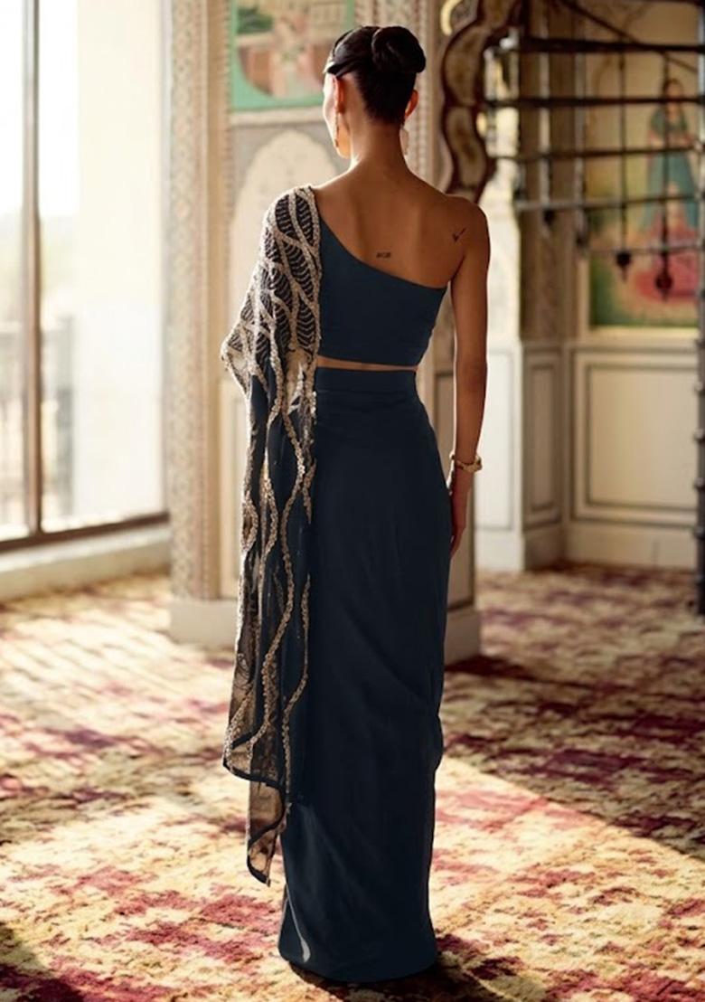 Grey Hand Work Embroidered Chinon Fusion Set - Indya