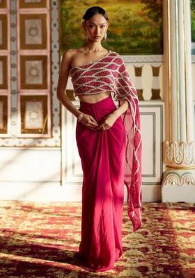 Hot Pink Hand Work Embroidered Chinon Fusion Set