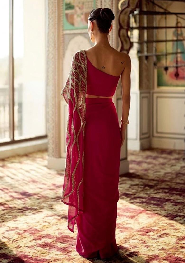 Hot Pink Hand Work Embroidered Chinon Fusion Set - Indya