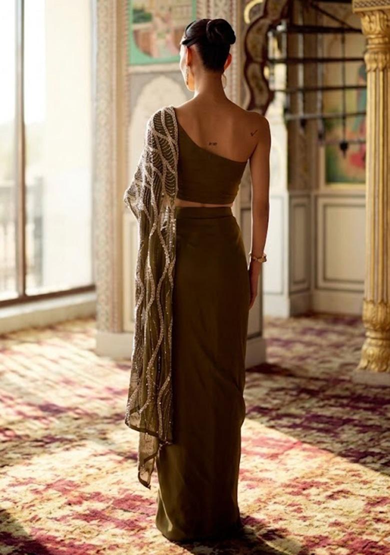Olive Green Hand Work Embroidered Chinon Fusion Set - Indya
