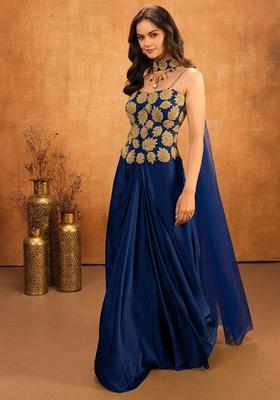 Deep Blue Hand Work Embellished Crepe Fusion Set