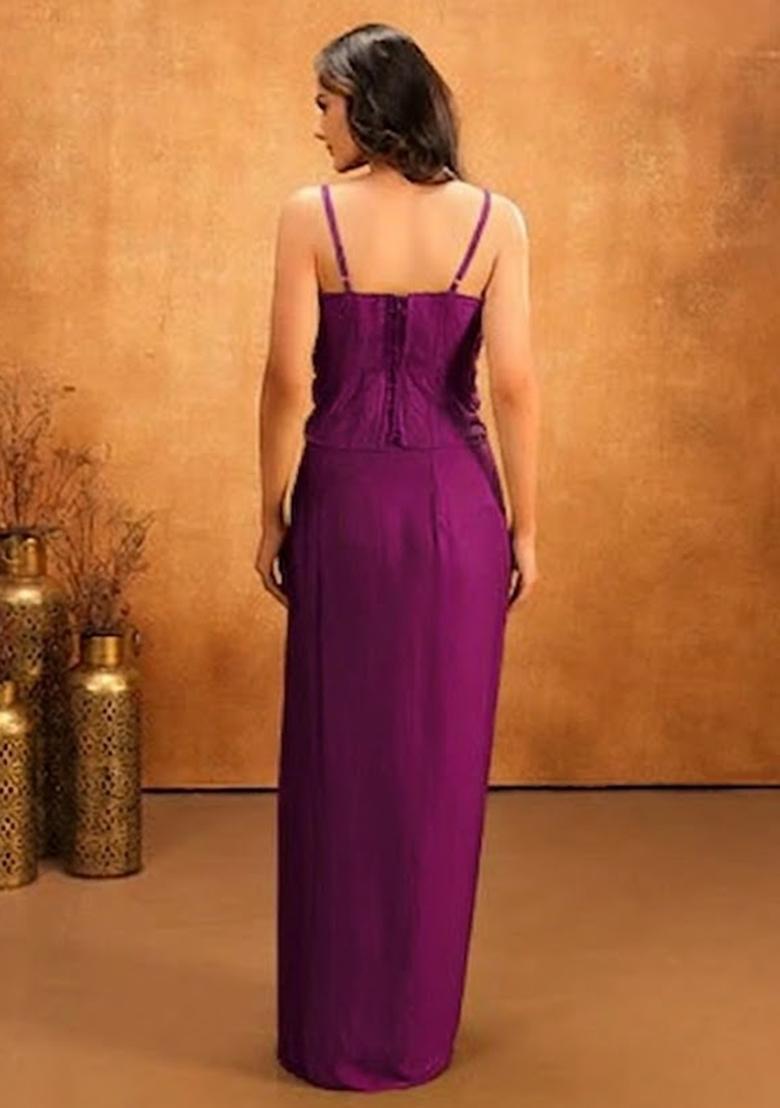 Violet Hand Work Embellished Crepe Fusion Set - Indya