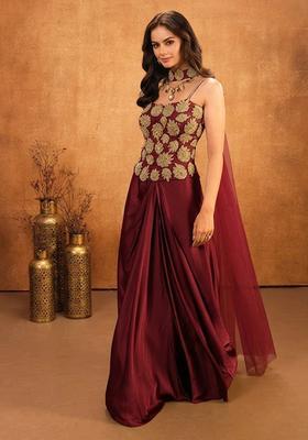 Wine Red Hand Work Embellished Crepe Fusion Set