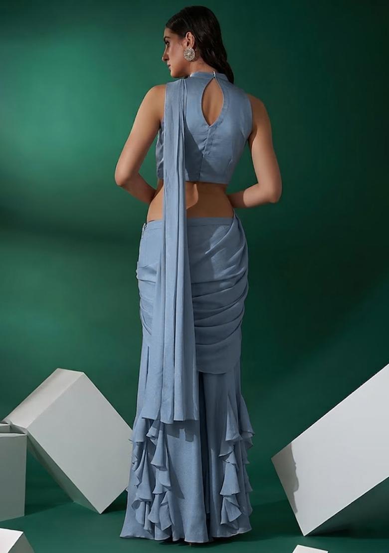 Deep Blue Hand Work Embellished Chinon Fusion Set - Indya