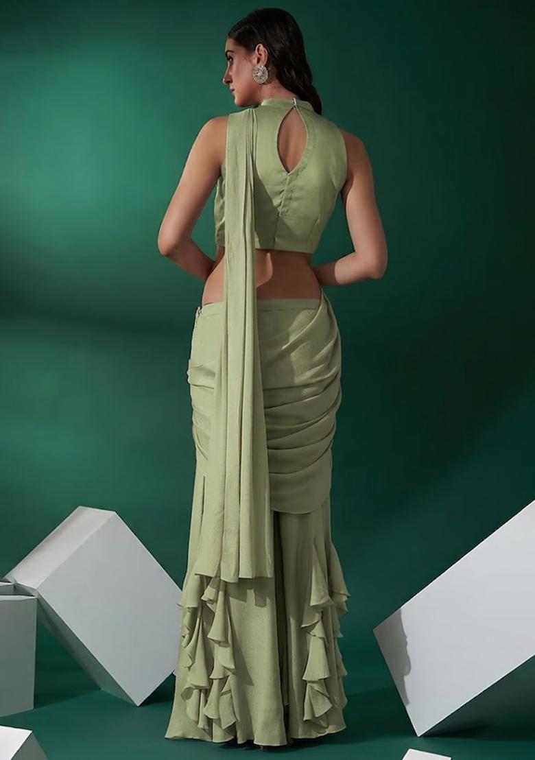 Light Green Hand Work Embellished Chinon Fusion Set - Indya