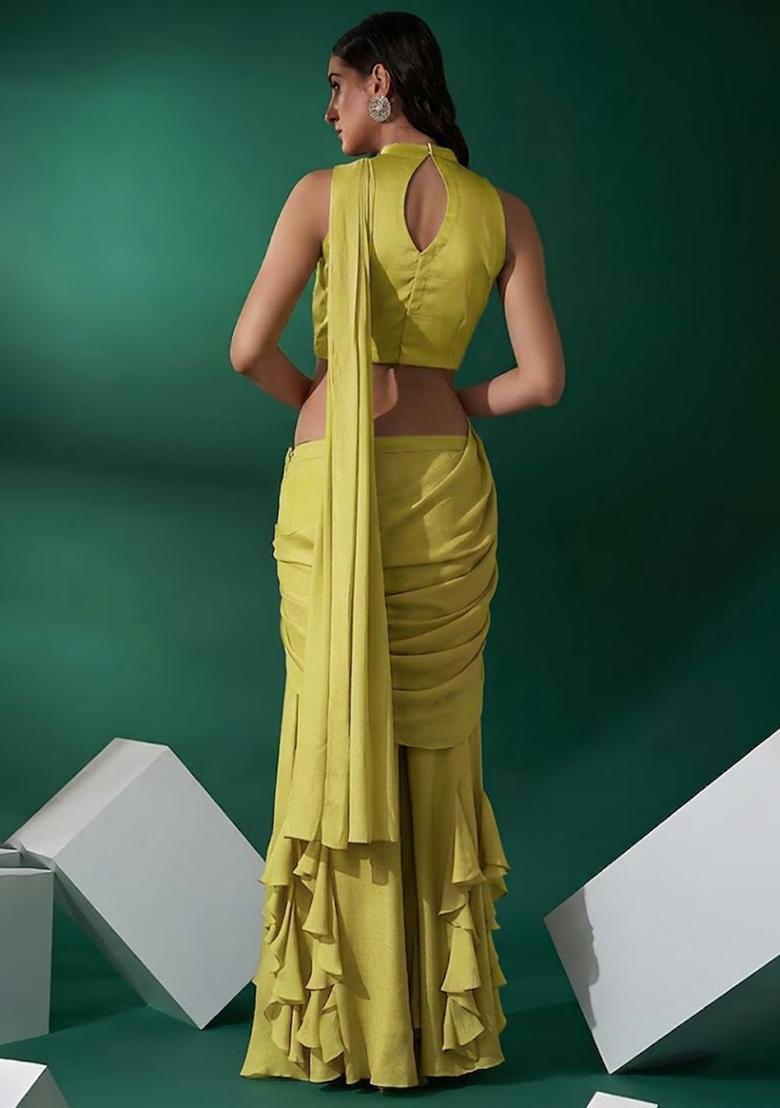 Lime Green Hand Work Embellished Chinon Fusion Set - Indya