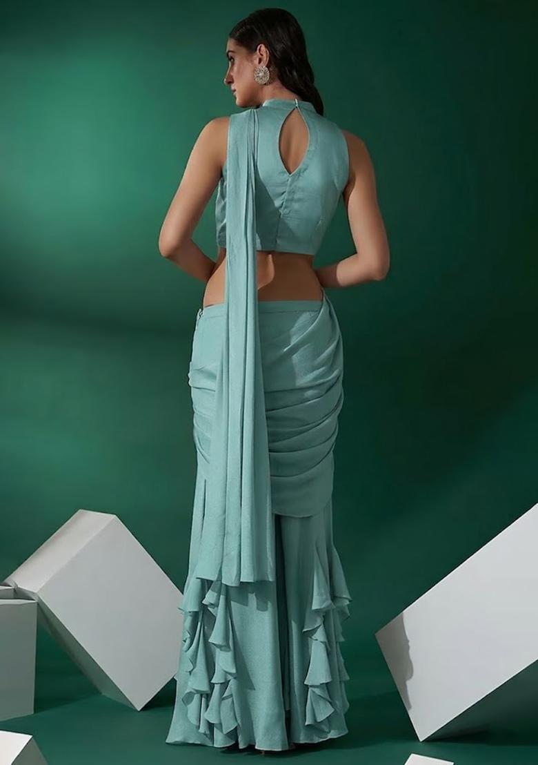 Mint Green Hand Work Embellished Chinon Fusion Set - Indya