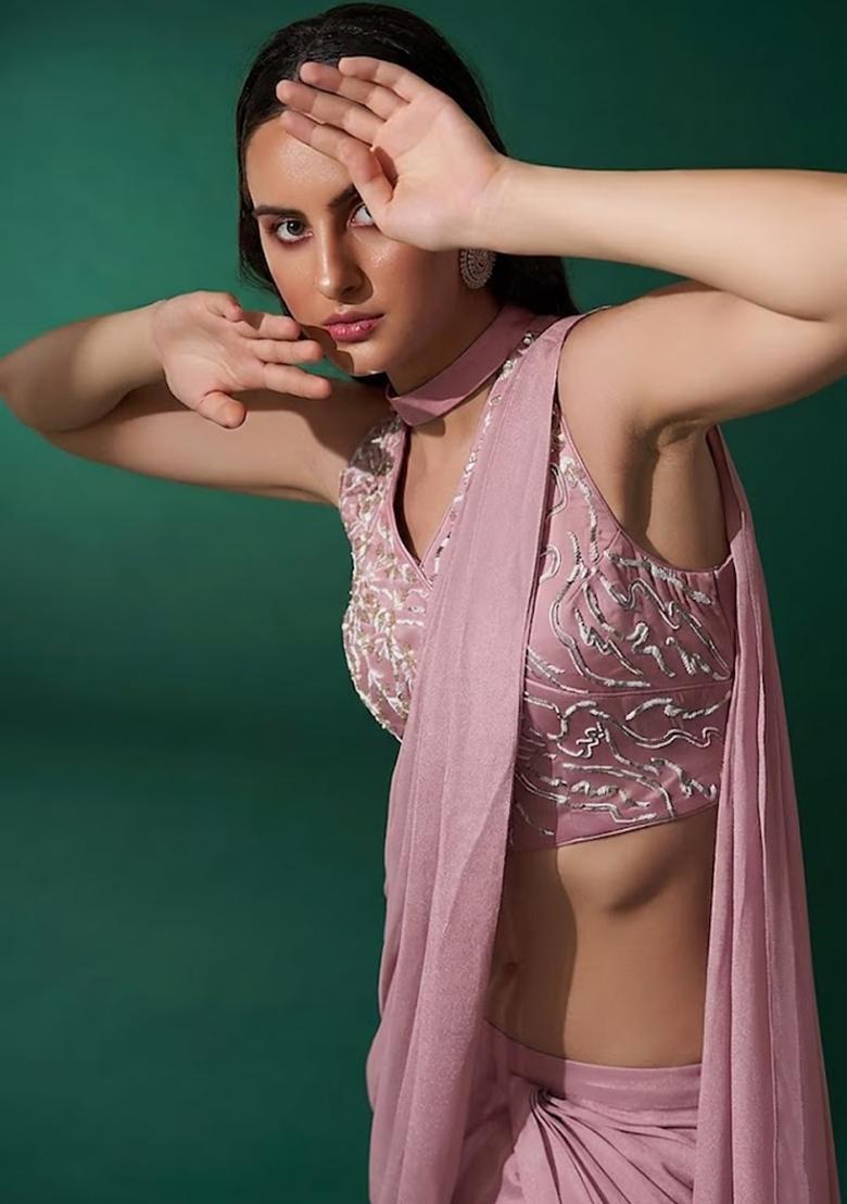 Soft Pink Hand Work Embellished Chinon Fusion Set - Indya