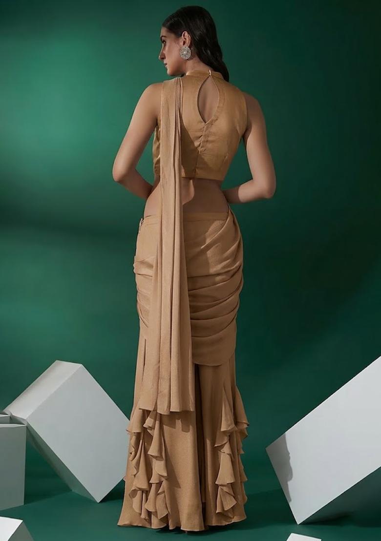 Tan Beige Hand Work Embellished Chinon Fusion Set - Indya