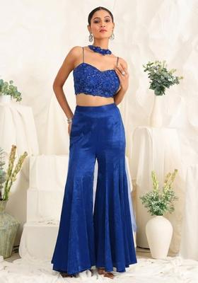 Deep Blue Hand Work Sequin Satin Fusion Set