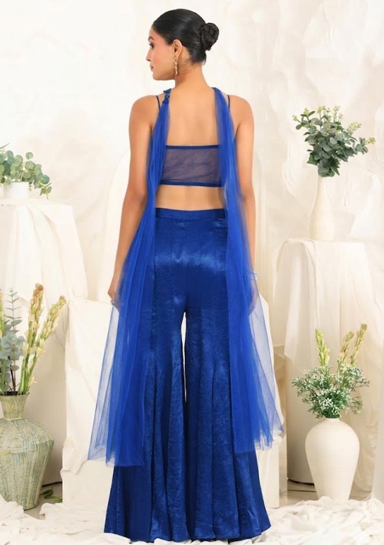 Deep Blue Hand Work Sequin Satin Fusion Set - Indya