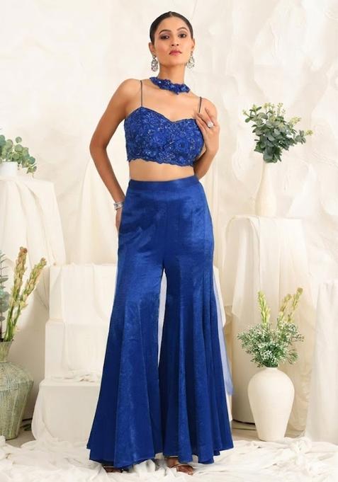 Deep Blue Hand Work Sequin Satin Fusion Set