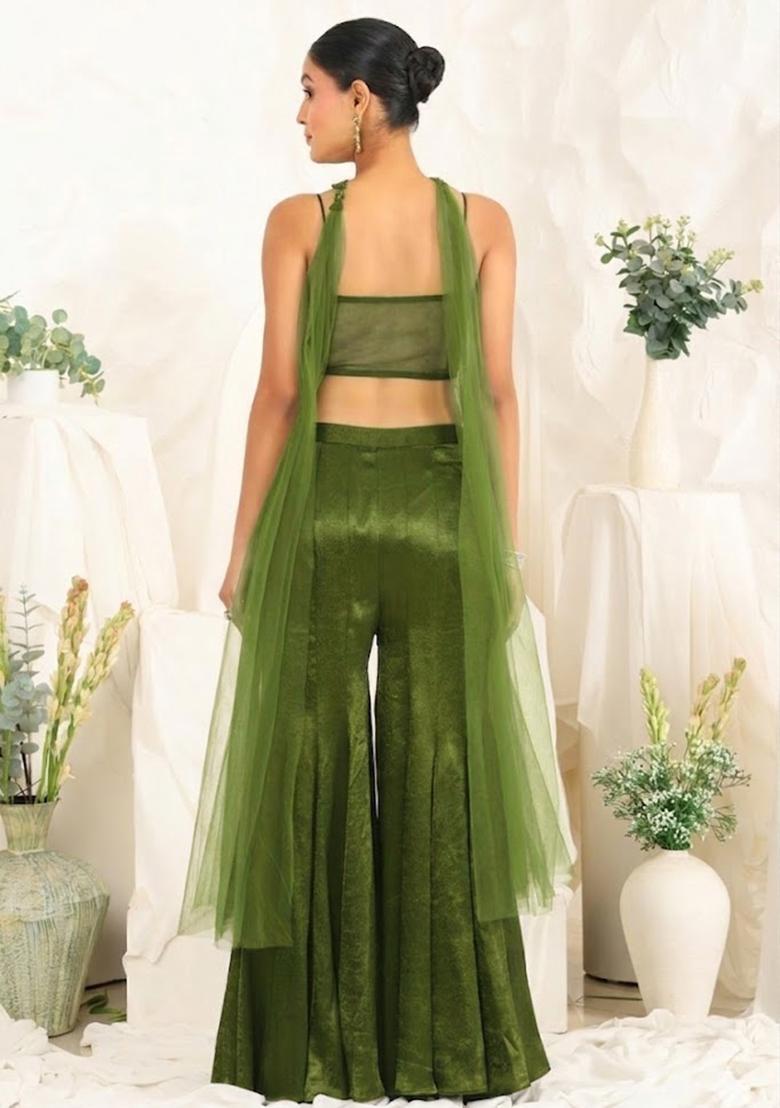 Light Green Hand Work Sequin Satin Fusion Set - Indya
