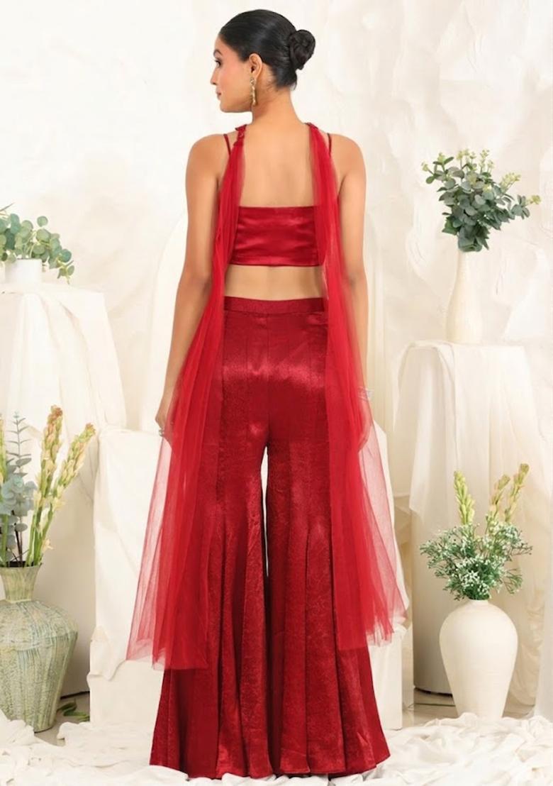 Deep Red Hand Work Sequin Satin Fusion Set - Indya