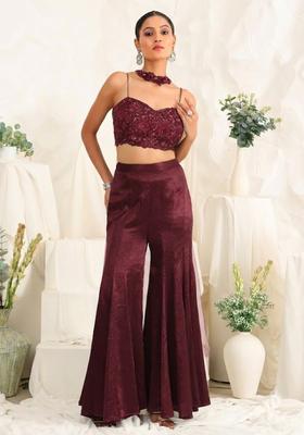 Wine Red Hand Work Sequin Satin Fusion Set