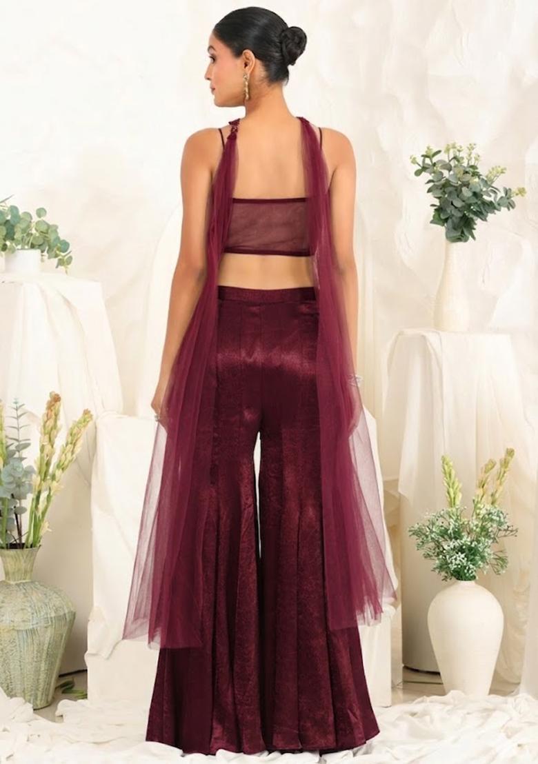 Wine Red Hand Work Sequin Satin Fusion Set - Indya