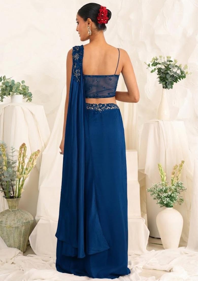 Deep Blue Hand Work Sequin Crepe Fusion Set - Indya