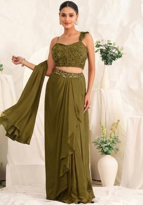 Olive Green Hand Work Sequin Crepe Fusion Set