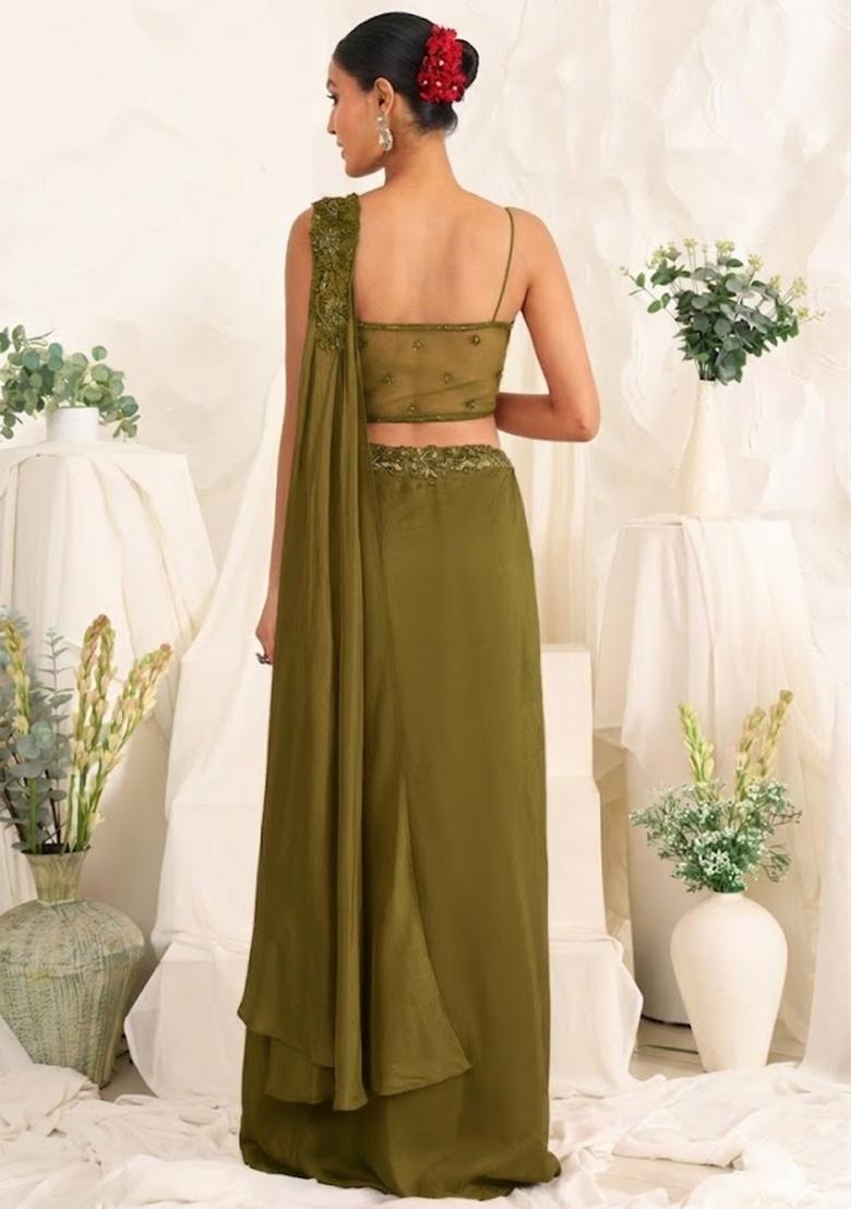 Olive Green Hand Work Sequin Crepe Fusion Set - Indya