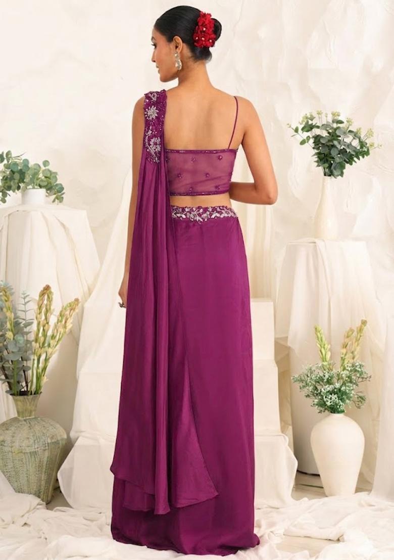 Violet Hand Work Sequin Crepe Fusion Set - Indya
