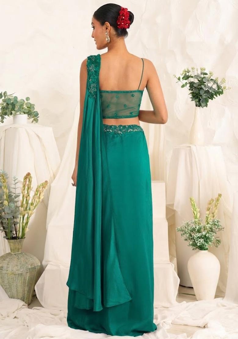 Teal Hand Work Sequin Crepe Fusion Set - Indya