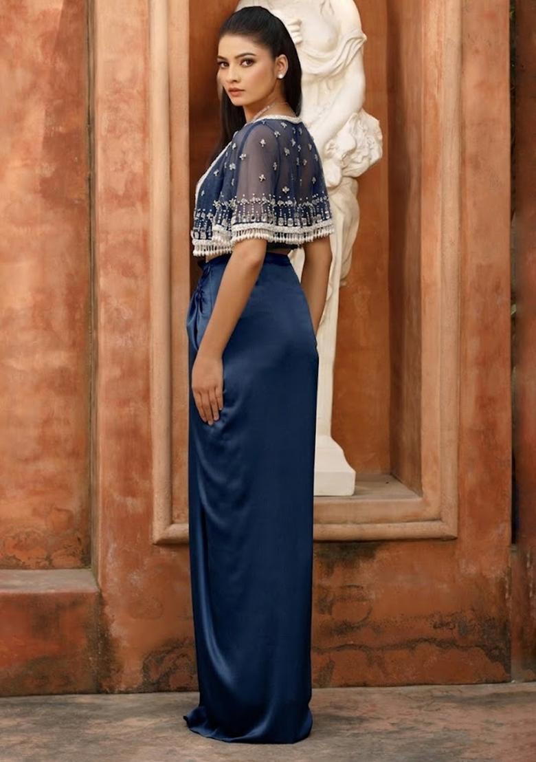 Deep Blue Hand Work Embellished Satin Fusion Set - Indya
