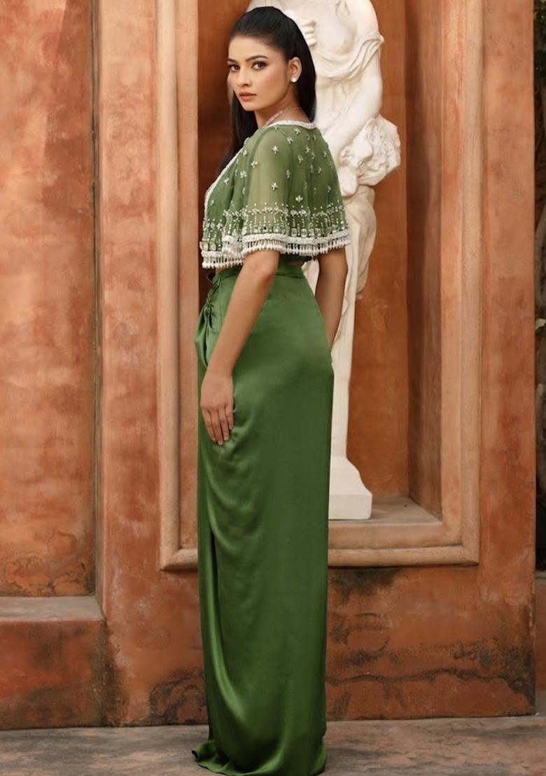 Light Green Hand Work Embellished Satin Fusion Set - Indya