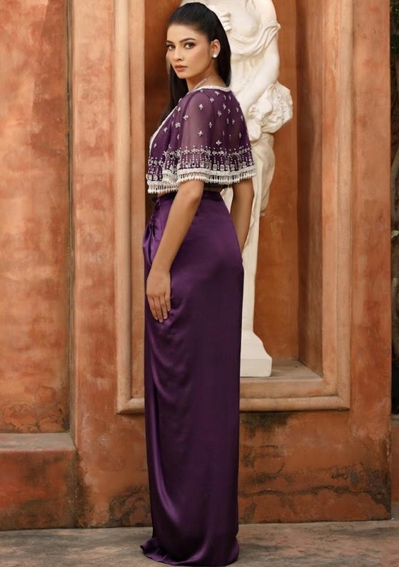 Violet Hand Work Embellished Satin Fusion Set - Indya