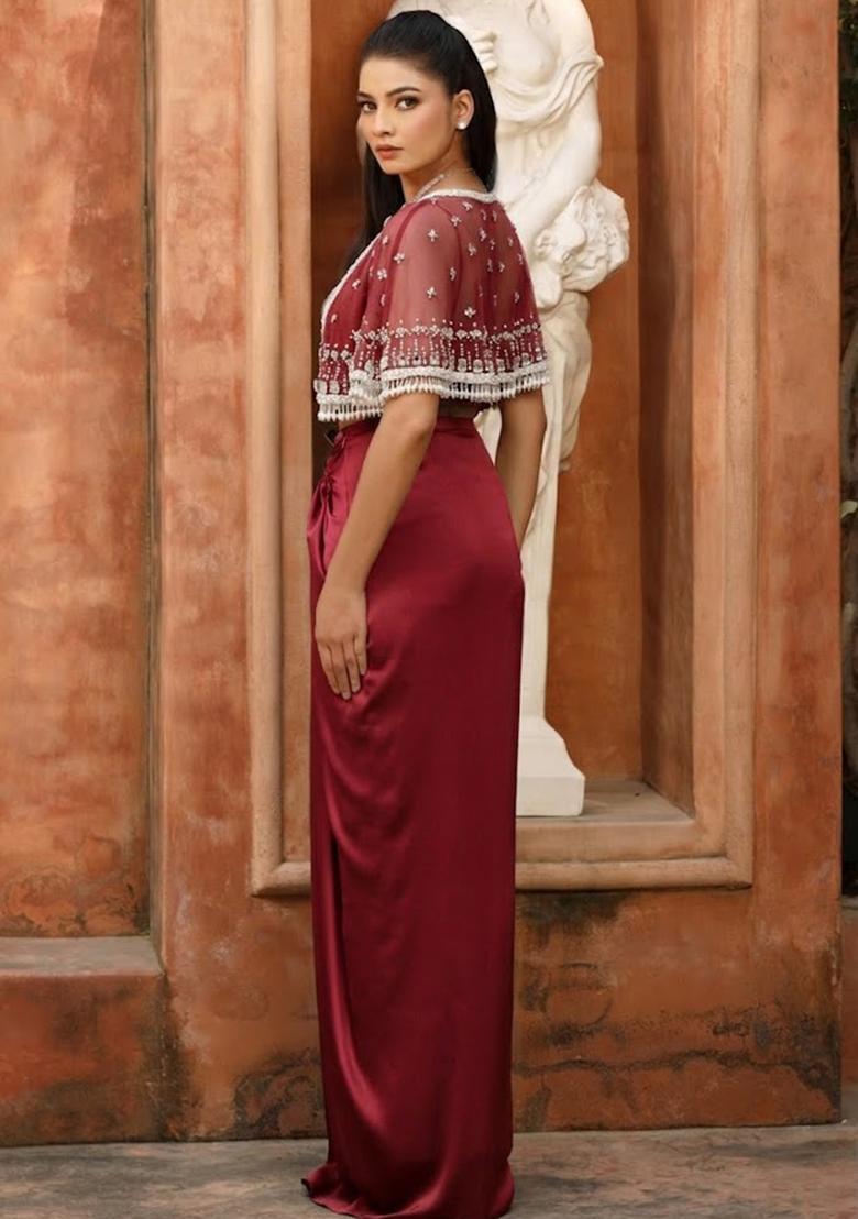 Deep Red Hand Work Embellished Satin Fusion Set - Indya