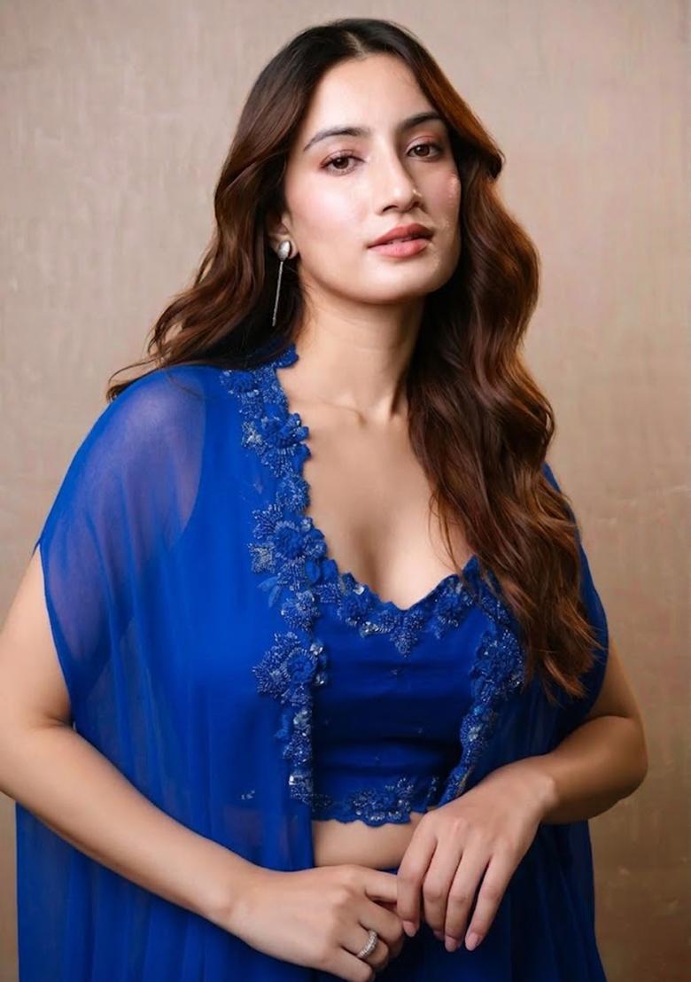 Deep Blue Hand Work Embroidered Crepe Fusion Set - Indya