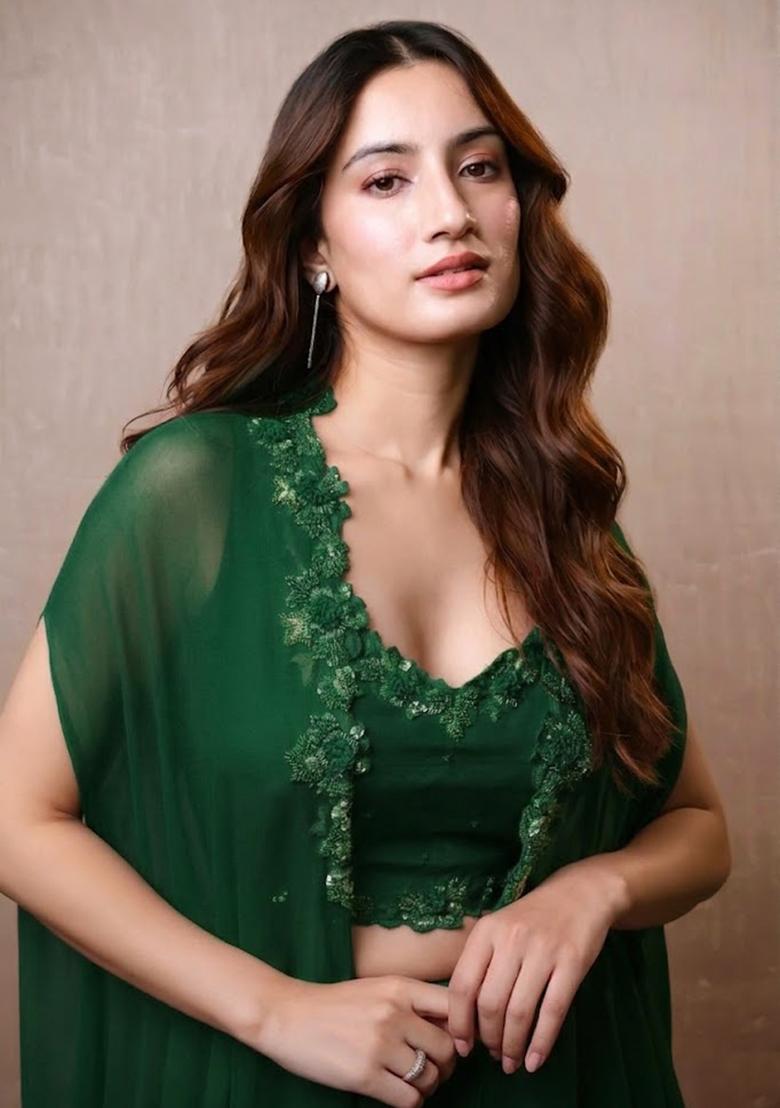 Dark Green Hand Work Embroidered Crepe Fusion Set - Indya