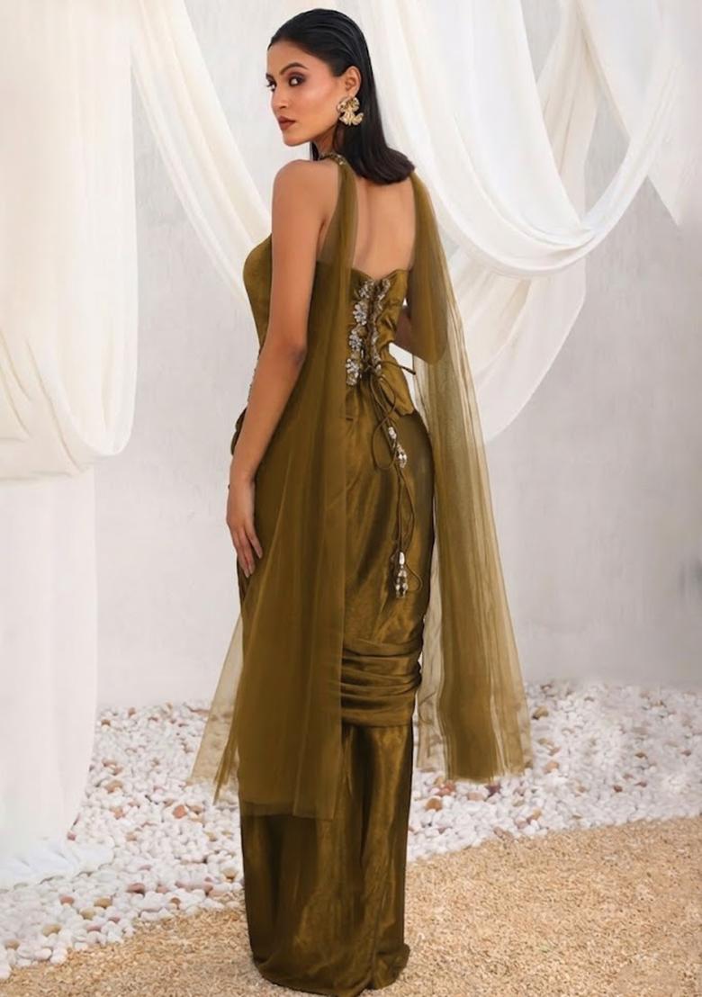 Olive Green Hand Work Sequin Crepe Fusion Set - Indya