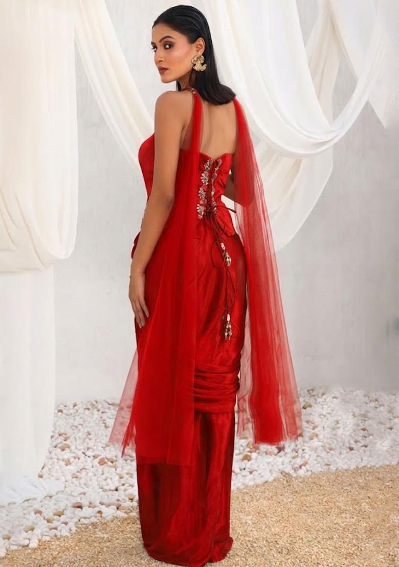 Deep Red Hand Work Sequin Crepe Fusion Set - Indya