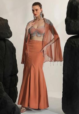 Peach Hand Work Embroidered Crepe Fusion Set