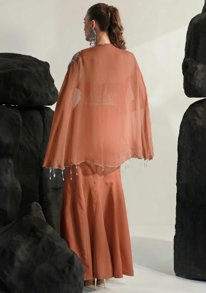 Peach Hand Work Embroidered Crepe Fusion Set - Indya