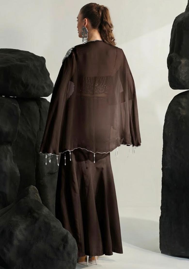 Dark Brown Hand Work Embroidered Crepe Fusion Set - Indya