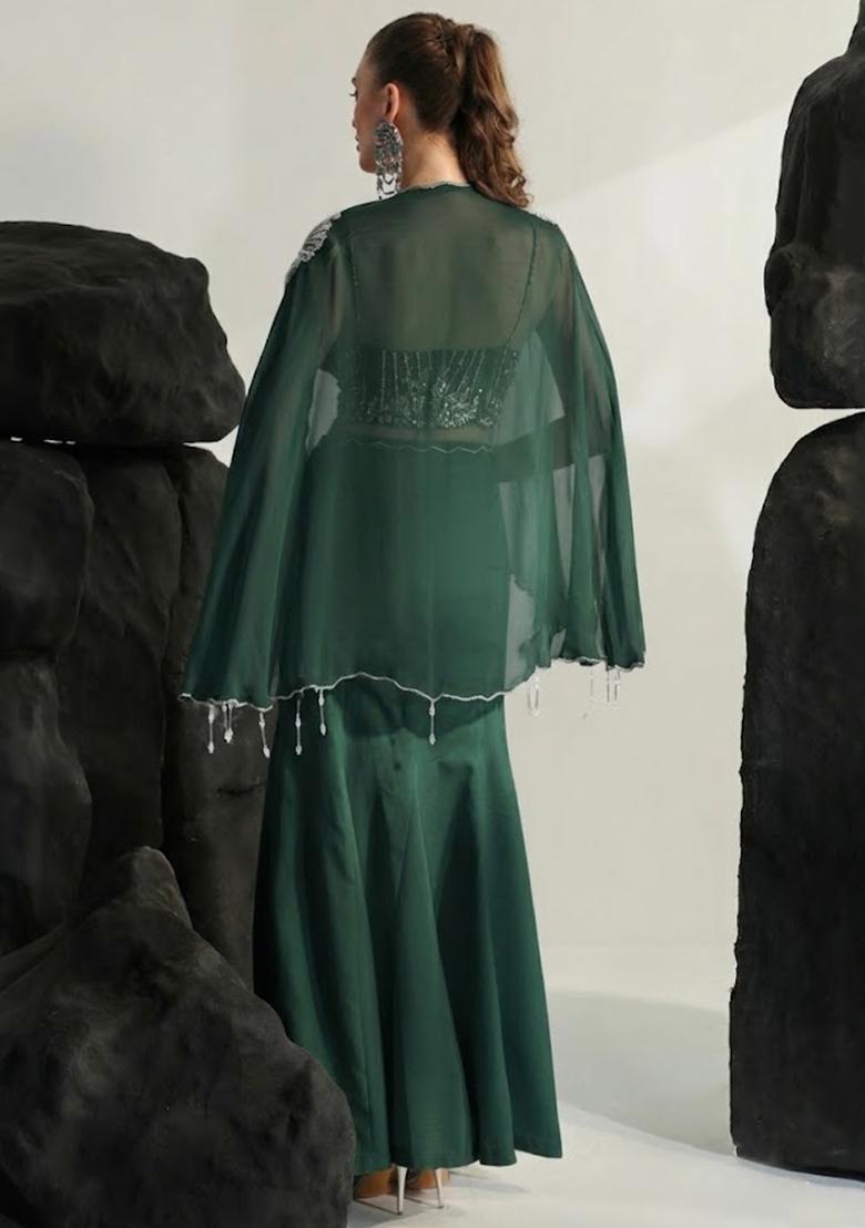 Dark Green Hand Work Embroidered Crepe Fusion Set - Indya